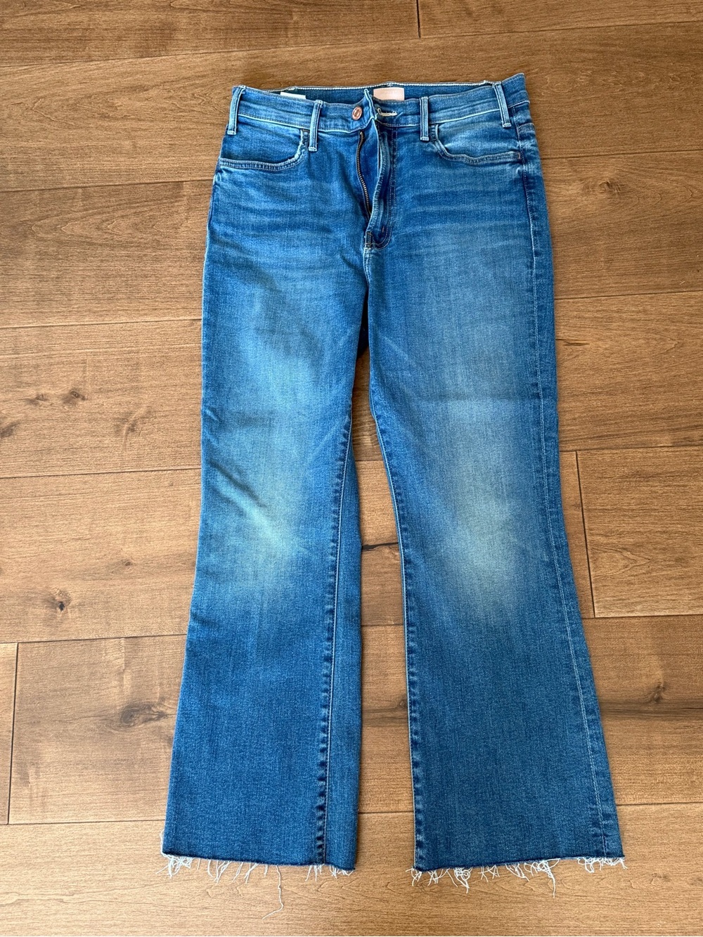 MOTHER Blue Mid-Rise Flare Jeans with Raw Hem